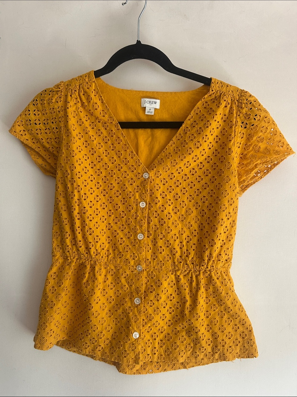 J. Crew Yellow Eyelet Button-Front Peplum Blouse size 2